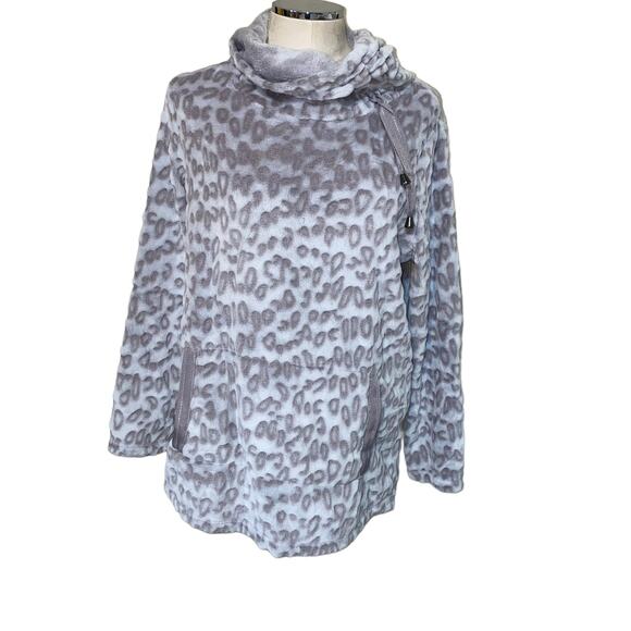 Soft Surroundings Tanzania Gray Leopard Animal Print Fleece Tunic Pullover Sz M - Picture 1 of 9